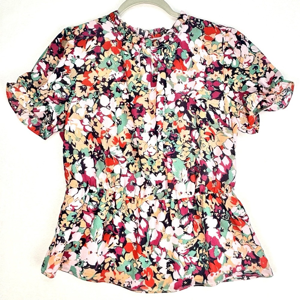 J.CREW Ruffle Neck Blouse Pink Floral Print Chiffon Peplum Short Sleeve Small